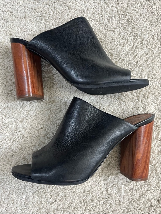 Tory Burch Shoes - Women's TORY BURCH Black Leather RAYA Wooden BLOCK Heel PEEP Toe DESIGNER MULES